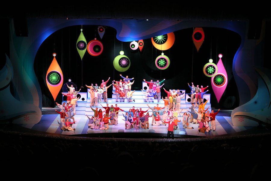 Mid-century ornament design with bold colors filling a hundred-foot-wide proscenium